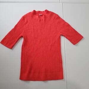 Uniqlo Sweater Womens Small Red 100% Wool Ribbed Mock Neck Half Sleeve Top